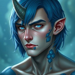 A half-body portrait of a male human with Caucasian skin, featuring medium length blue hair