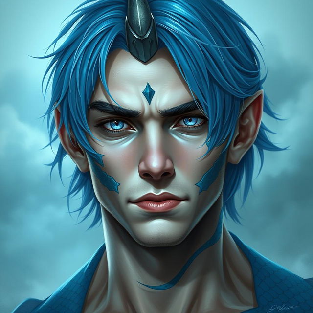 A half-body portrait of a male human with Caucasian skin, featuring medium length blue hair