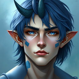 A half-body portrait of a male human with Caucasian skin, featuring medium length blue hair