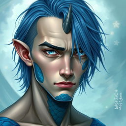 A half-body portrait of a male human with Caucasian skin, featuring medium length blue hair