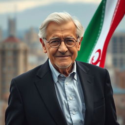 A dignified 70-year-old man with a wise and gentle expression, dressed in a classic black suit, standing proudly while holding the vibrant Iranian flag