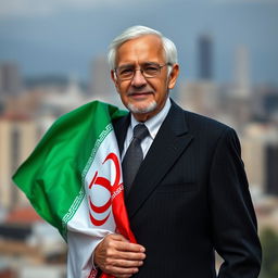 A dignified 70-year-old man with a wise and gentle expression, dressed in a classic black suit, standing proudly while holding the vibrant Iranian flag