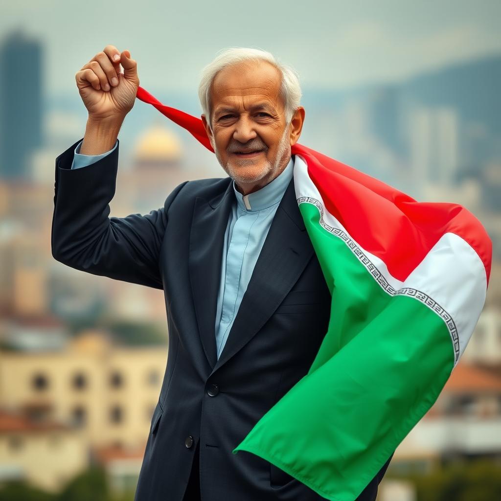 A dignified 70-year-old man with a wise and gentle expression, dressed in a classic black suit, standing proudly while holding the vibrant Iranian flag