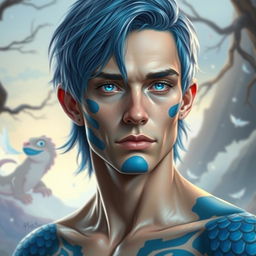 A half body portrait of a male human with Caucasian skin and medium length blue hair