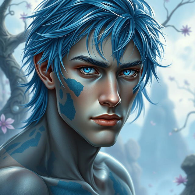 A half body portrait of a male human with Caucasian skin and medium length blue hair