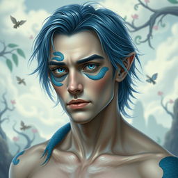 A half body portrait of a male human with Caucasian skin and medium length blue hair