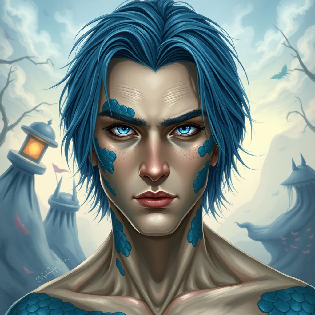 A half body portrait of a male human with Caucasian skin and medium length blue hair