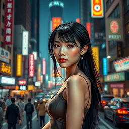 A photorealistic depiction of a petite Asian woman with an alluring appearance, standing confidently in an urban setting