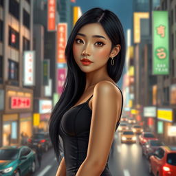 A photorealistic depiction of a petite Asian woman with an alluring appearance, standing confidently in an urban setting