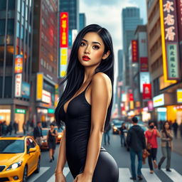 A photorealistic depiction of a petite Asian woman with an alluring appearance, standing confidently in an urban setting