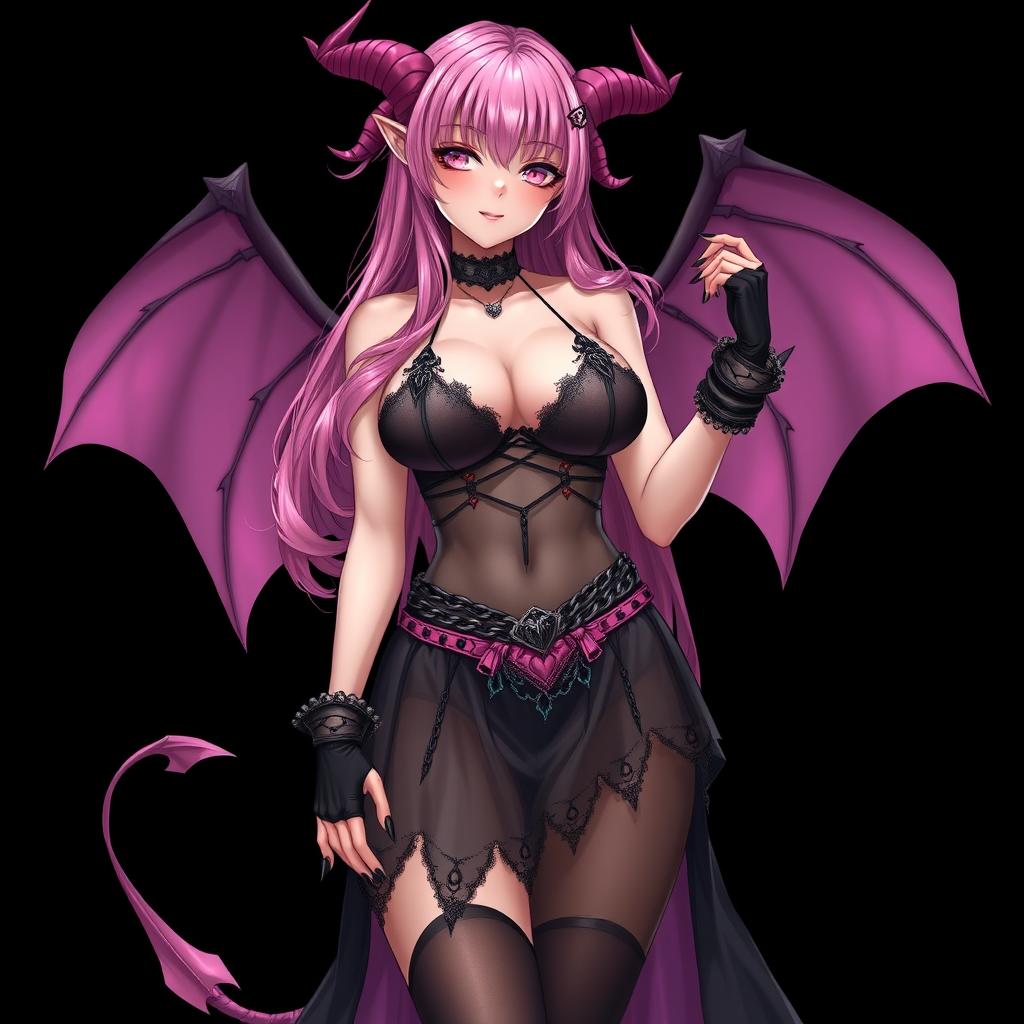 A realistic sexy gothic anime succubus girl with elegantly crafted wings, playful horns, and a curled tail, displaying a flustered subtle smile with a gentle blush on her cheeks