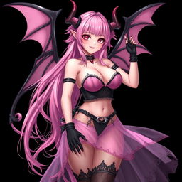 A realistic sexy gothic anime succubus girl with elegantly crafted wings, playful horns, and a curled tail, displaying a flustered subtle smile with a gentle blush on her cheeks