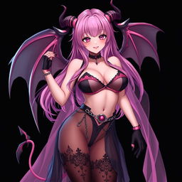 A realistic sexy gothic anime succubus girl with elegantly crafted wings, playful horns, and a curled tail, displaying a flustered subtle smile with a gentle blush on her cheeks
