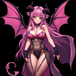 A realistic sexy gothic anime succubus girl with elegantly crafted wings, playful horns, and a curled tail, displaying a flustered subtle smile with a gentle blush on her cheeks