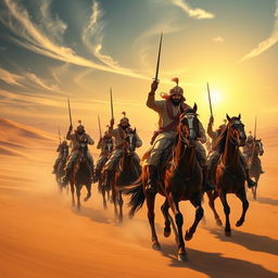 A majestic scene depicting the Yemeni cavalry, known as Gryphon, charging into battle in the sandy desert of Jordan