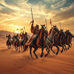 A majestic scene depicting the Yemeni cavalry, known as Gryphon, charging into battle in the sandy desert of Jordan