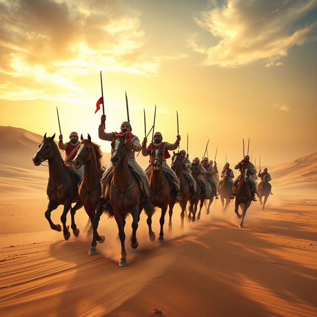 A majestic scene depicting the Yemeni cavalry, known as Gryphon, charging into battle in the sandy desert of Jordan