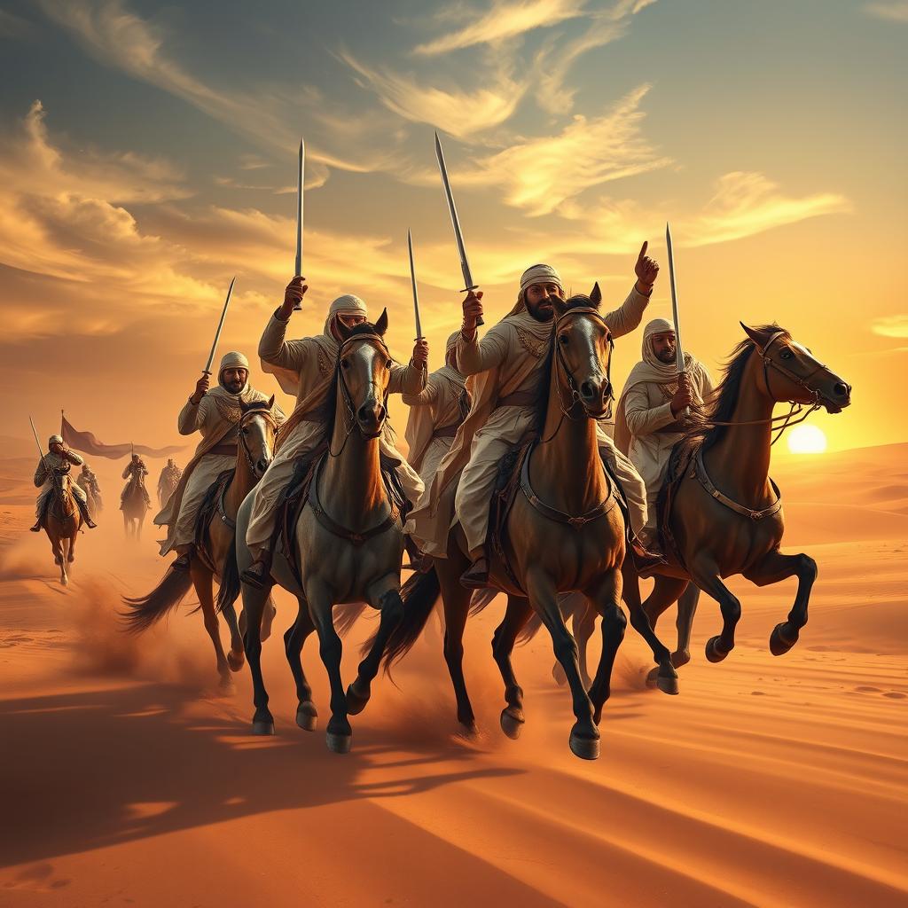 A majestic scene depicting the Yemeni cavalry, known as Gryphon, charging into battle in the sandy desert of Jordan