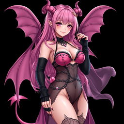 A realistic sexy gothic anime succubus girl with elegantly designed wings, playful horns, and a curled tail, showcasing a flustered subtle smile with a delicate blush on her cheeks