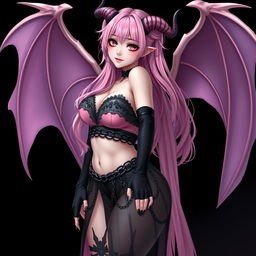 A realistic sexy gothic anime succubus girl with elegantly designed wings, playful horns, and a curled tail, showcasing a flustered subtle smile with a delicate blush on her cheeks