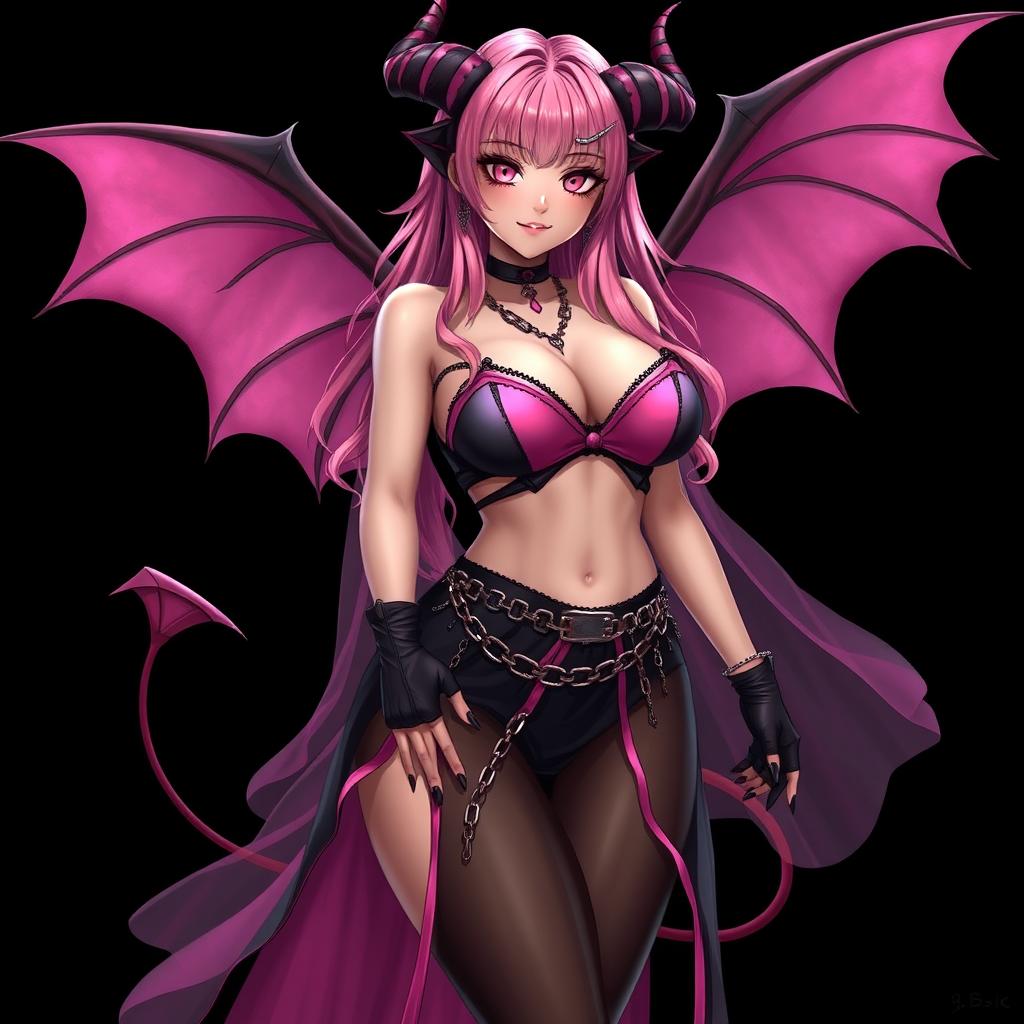 A realistic sexy gothic anime succubus girl with elegantly designed wings, playful horns, and a curled tail, showcasing a flustered subtle smile with a delicate blush on her cheeks