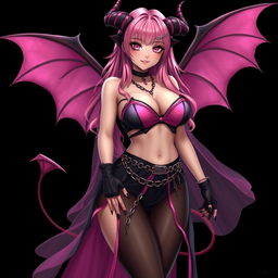 A realistic sexy gothic anime succubus girl with elegantly designed wings, playful horns, and a curled tail, showcasing a flustered subtle smile with a delicate blush on her cheeks