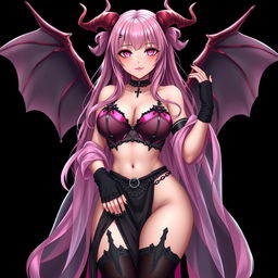 A realistic sexy gothic anime succubus girl with elegantly designed wings, playful horns, and a curled tail, showcasing a flustered subtle smile with a delicate blush on her cheeks