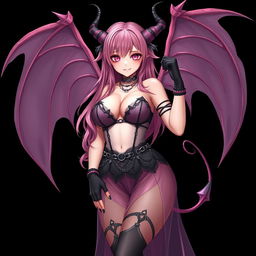 A realistic sexy gothic anime succubus girl with intricately designed wings, playful horns, and a curled tail, displaying a flustered subtle smile with a light blush on her cheeks