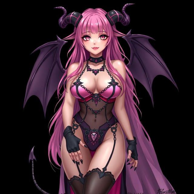 A realistic sexy gothic anime succubus girl with intricately designed wings, playful horns, and a curled tail, displaying a flustered subtle smile with a light blush on her cheeks