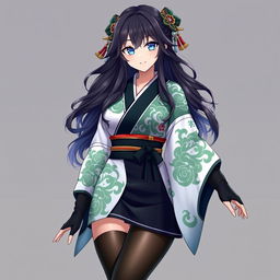 A stunning female original character from Genshin Impact, featuring long, wavy dark hair and captivating azure blue eyes