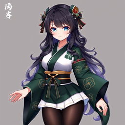 A stunning female original character from Genshin Impact, featuring long, wavy dark hair and captivating azure blue eyes