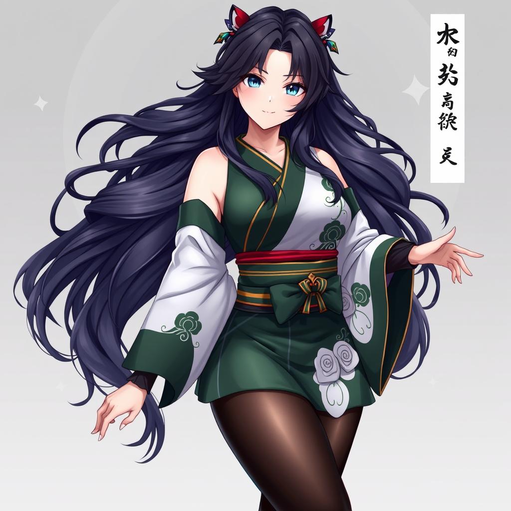 A stunning female original character from Genshin Impact, featuring long, wavy dark hair and captivating azure blue eyes