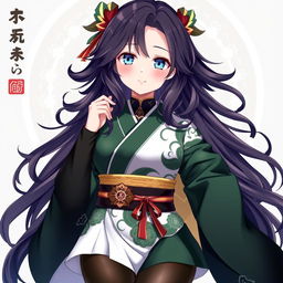 A stunning female original character from Genshin Impact, featuring long, wavy dark hair and captivating azure blue eyes