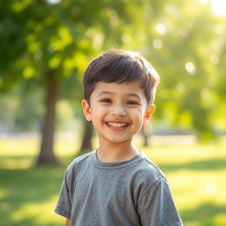 A young boy standing on the right side of the frame, wearing a grey shirt
