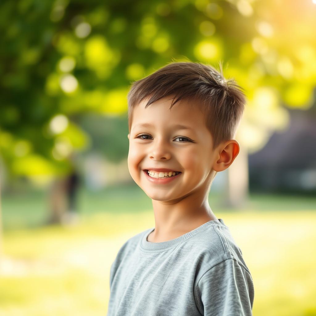 A young boy standing on the right side of the frame, wearing a grey shirt