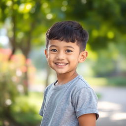 A young boy standing on the right side of the frame, wearing a grey shirt