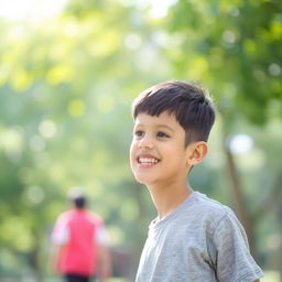 A young boy standing on the right side of the frame, wearing a grey shirt
