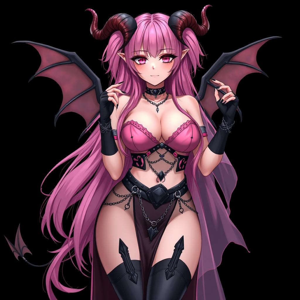 A realistic sexy gothic anime succubus girl with beautifully detailed wings, dramatic horns, and a curled tail, showcasing a flustered subtle smile adorned with a gentle blush