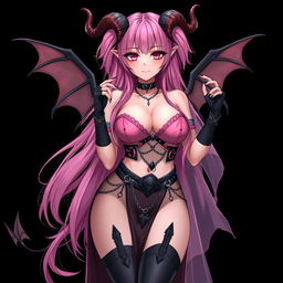 A realistic sexy gothic anime succubus girl with beautifully detailed wings, dramatic horns, and a curled tail, showcasing a flustered subtle smile adorned with a gentle blush