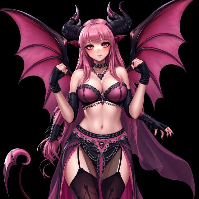 A realistic sexy gothic anime succubus girl with beautifully detailed wings, dramatic horns, and a curled tail, showcasing a flustered subtle smile adorned with a gentle blush