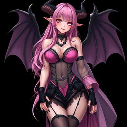A realistic sexy gothic anime succubus girl with beautifully detailed wings, dramatic horns, and a curled tail, showcasing a flustered subtle smile adorned with a gentle blush