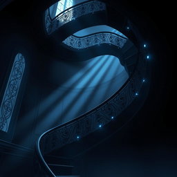 An artistic representation of an intricate spiral black staircase in an anime style