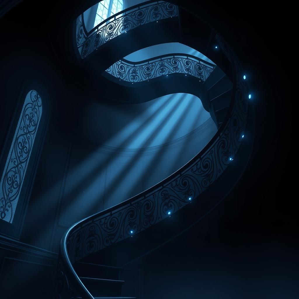 An artistic representation of an intricate spiral black staircase in an anime style