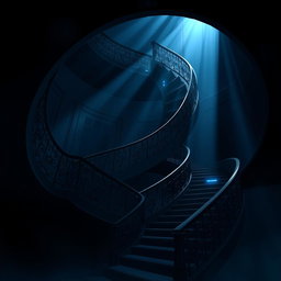 An artistic representation of an intricate spiral black staircase in an anime style