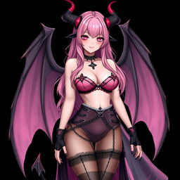 A realistic sexy gothic anime succubus girl with beautifully detailed wings, striking horns, and an elegant tail, presenting a flustered subtle smile with a soft blush on her cheeks