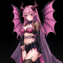 A realistic sexy gothic anime succubus girl with beautifully detailed wings, striking horns, and an elegant tail, presenting a flustered subtle smile with a soft blush on her cheeks