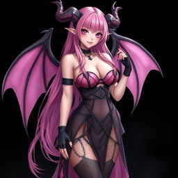 A realistic sexy gothic anime succubus girl with beautifully detailed wings, striking horns, and an elegant tail, presenting a flustered subtle smile with a soft blush on her cheeks
