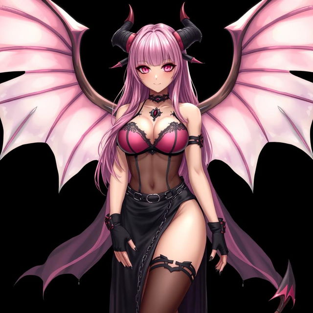 A realistic sexy gothic anime succubus girl with beautifully detailed wings, striking horns, and an elegant tail, presenting a flustered subtle smile with a soft blush on her cheeks