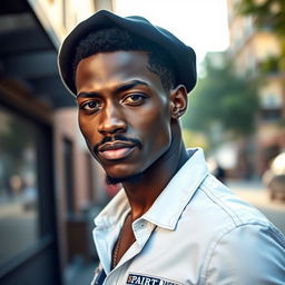 A slender black man with a mustache, wearing a white shirt and blue jeans