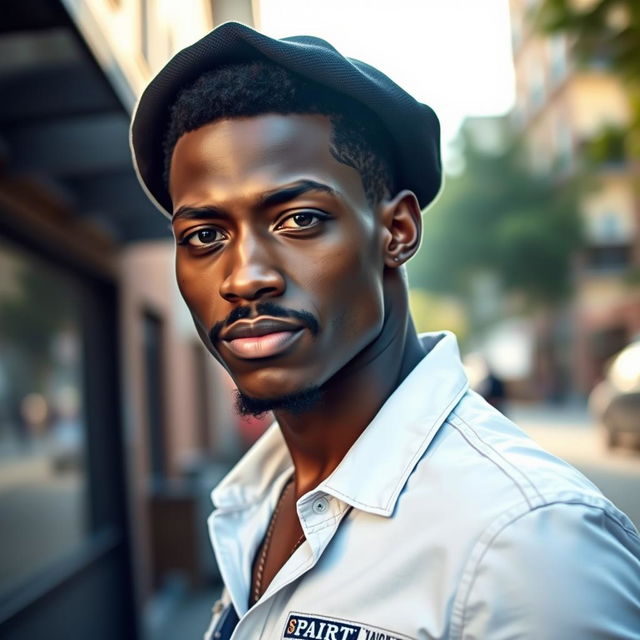 A slender black man with a mustache, wearing a white shirt and blue jeans